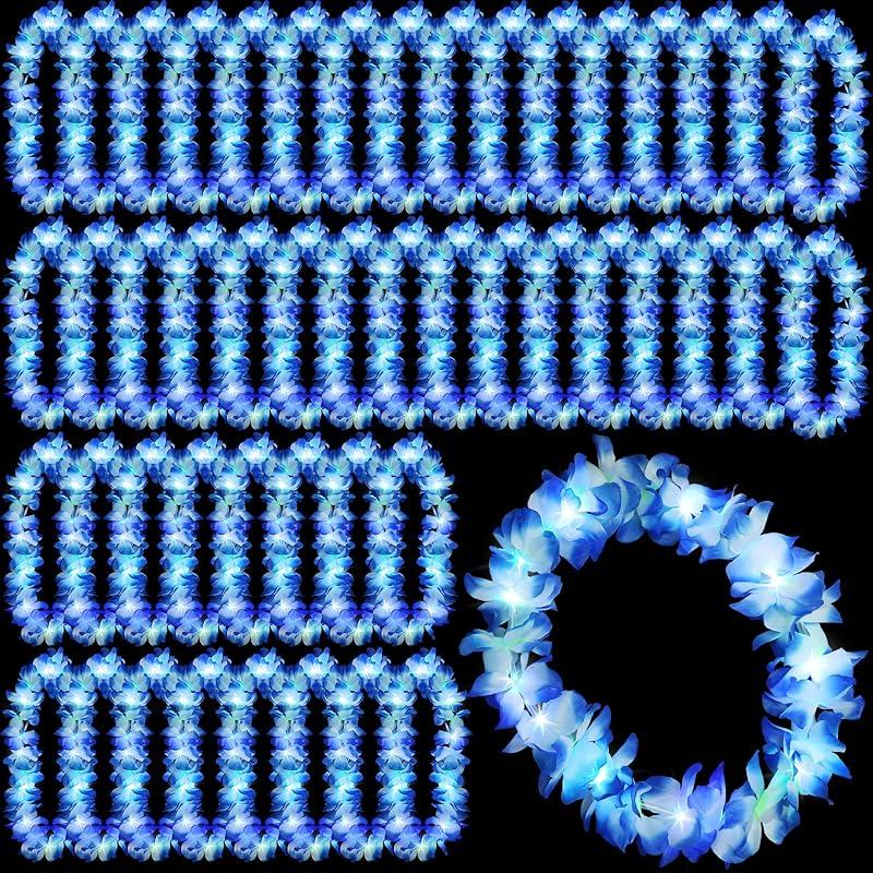 Sherr 48 Pcs LED Hawaiian Leis Light up Flower Leis Necklace with LED Lights Luau Flowers Necklaces for Masquerade Beach Wedding Tropical Themed