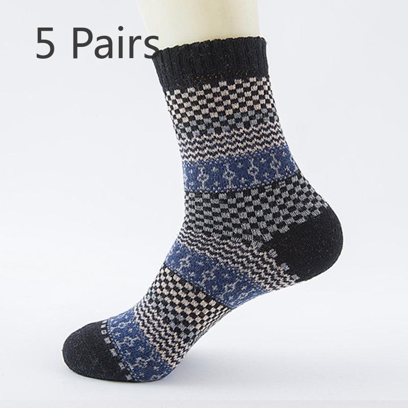 5 Pairs of Men's Autumn and Winter Rabbit Wool Socks, Mid-calf Men's Socks, Small Checkered, Retro Ethnic Style
