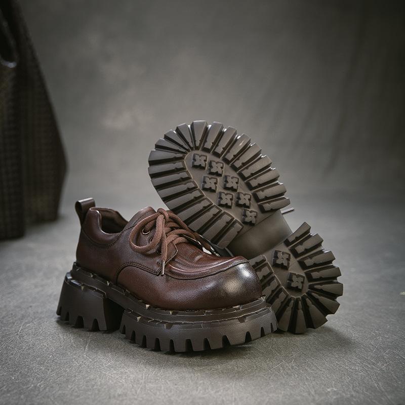 Johnature Britischer Stil Schnürschuhe Runde Spitze Dicke Sohle Echte Leder Vielseitige Damen High Heels Pumps