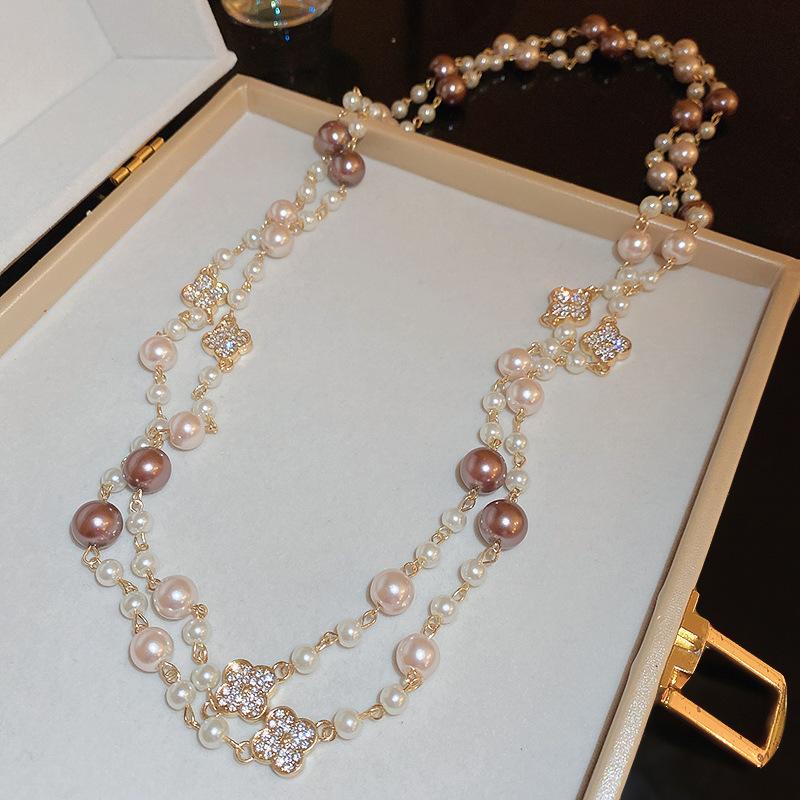 Baroque Diamond Flower Layer Pearl Beaded Necklace French Elegant Temperament Sweater Chain Neck Chain Women