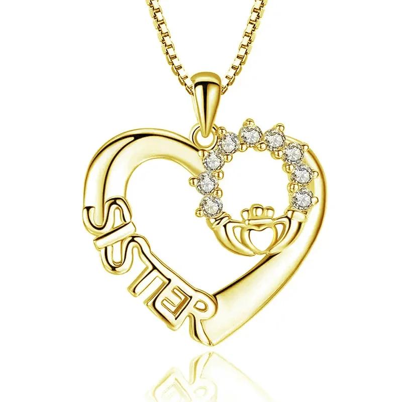 

New Sister Necklace With Dazzling Cubic Zirconia Fashion Heart Pendant Exquisite Birthday Gift Friendship Women Jewelry 45cm