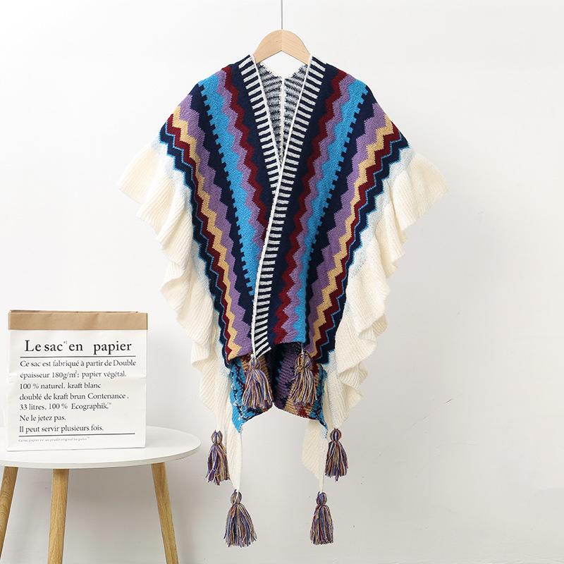 Ruffled Ethnic-Style Knitted Shawl for Travel - Warm & Thickened