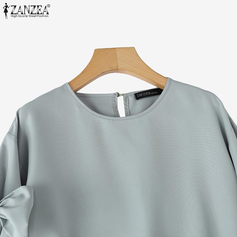 ZANZEA Women Fashion Round Neck Lantern Short Sleeve Tied Blouses