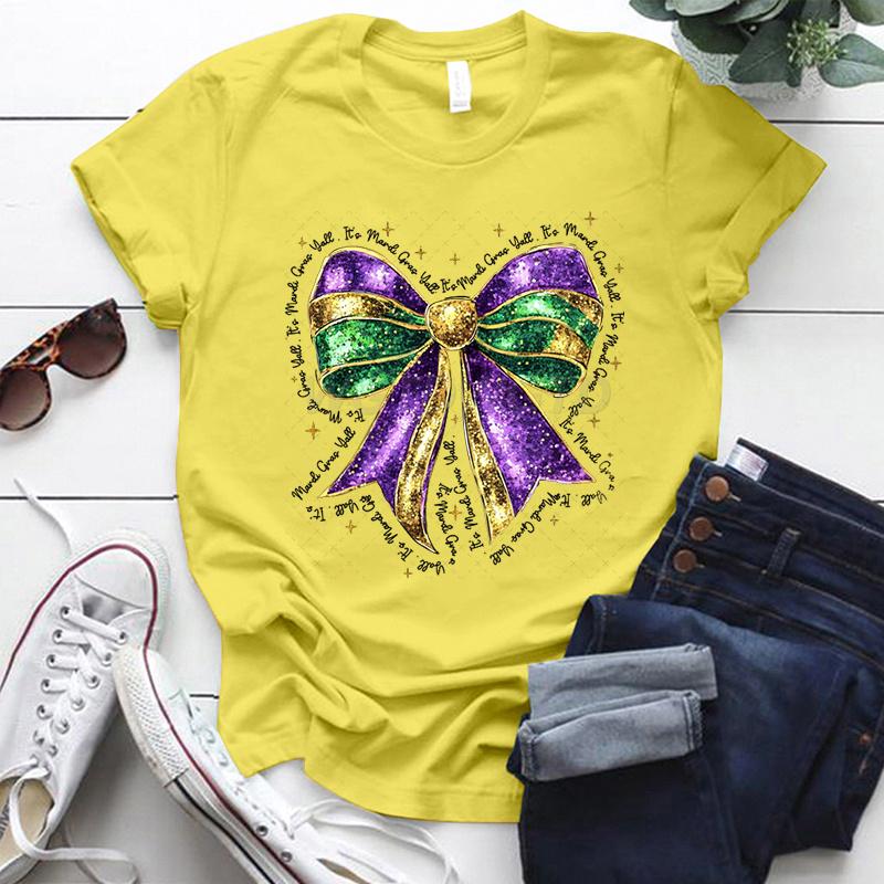 Coquette Bow Mardi Gras Shirt for Women Carnival Glitter Bow Graphic Tee Fat Tuesday Shirt Mardi Gras Party Crew Neck Clothing