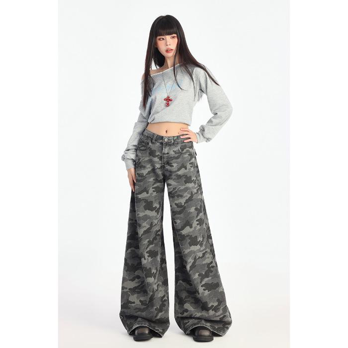 Wide-Leg Camouflage Women s High-Waisted Cargo Jeans - Spring 2025 Gray L