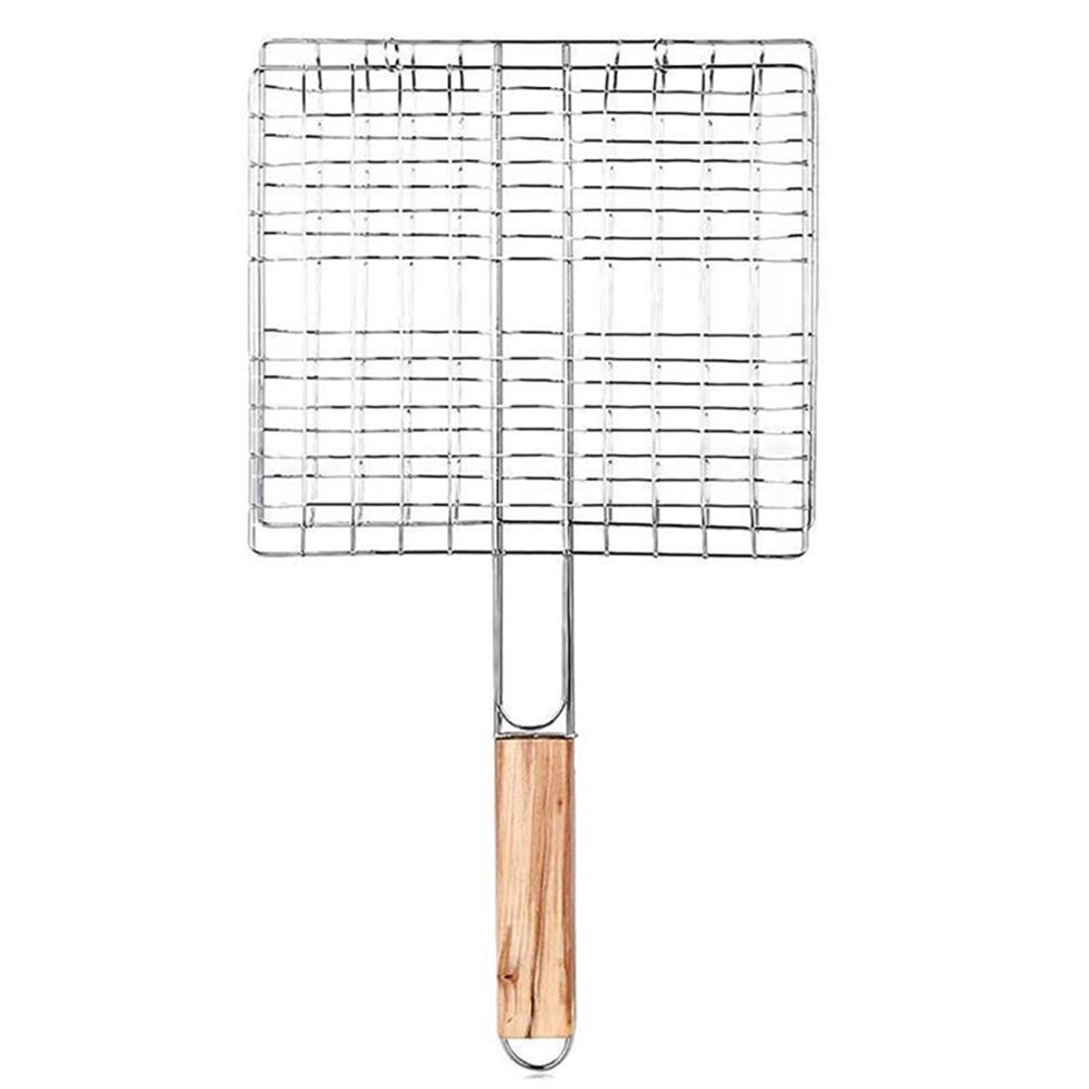 Iron Wire Grilling Barbecue BBQ Basket Net Wooden Meat Handle Fish Clip Holder