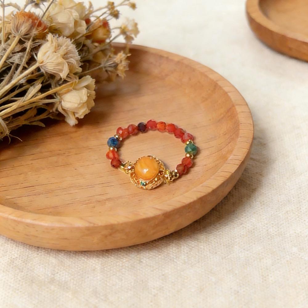 Women's Amber Agate Ring: Chinese Style, Wealth-Attracting, Tiger Eye & Lapis Lazuli, Versatile & Stylish