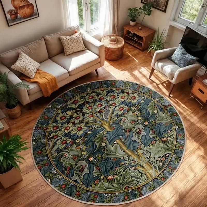 Dark Blue Cute White Cat Floral Round Rug Non Slip Washable Mat For Kids Bedroom