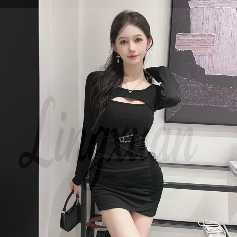 

High Elastic Cotton Bodycon Dress - Long Sleeve S чёрный