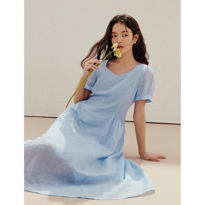 Inman French Square Neck Cinched Waist Short Sleeve Dress