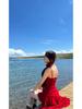Women's Red Ruffle Waist-Hugging Spaghetti Strap Midi Dress