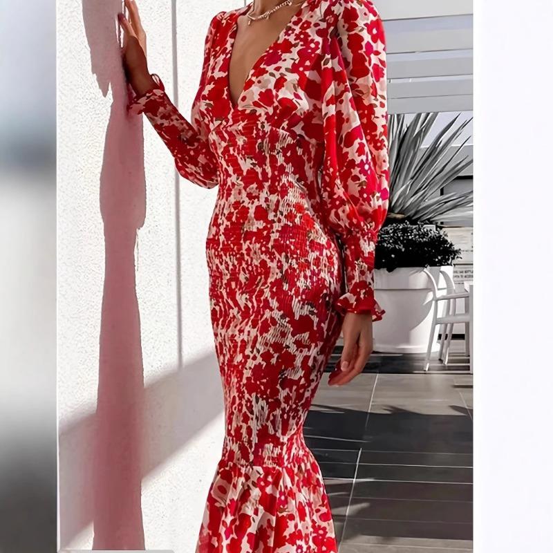 Spring Women's Sexy V-neck Temperament Socialite Fishtail Fanny Pack Hip Dress