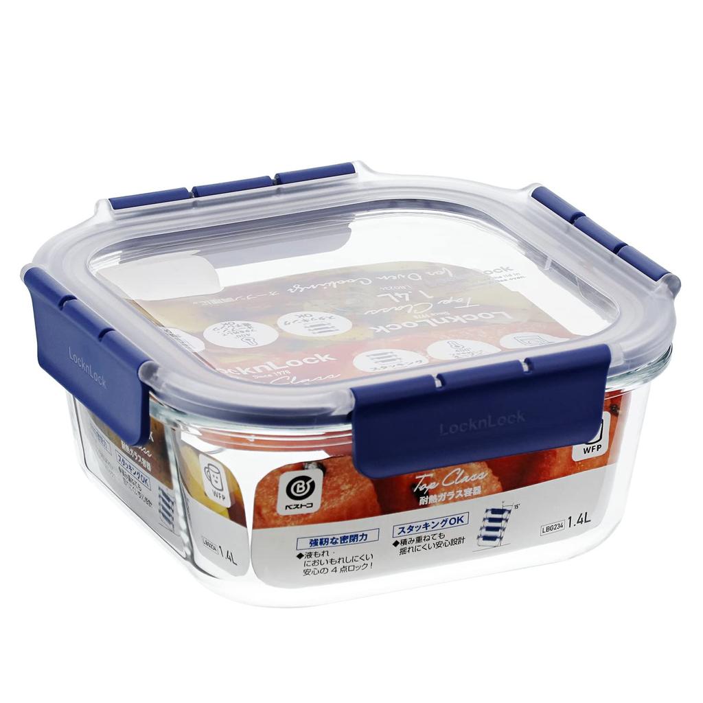 Bestco Glass Storage Lock Lock Heat-Resistant Oven-Safe Container, Square, 1.4L, LBG234, Top-Class &