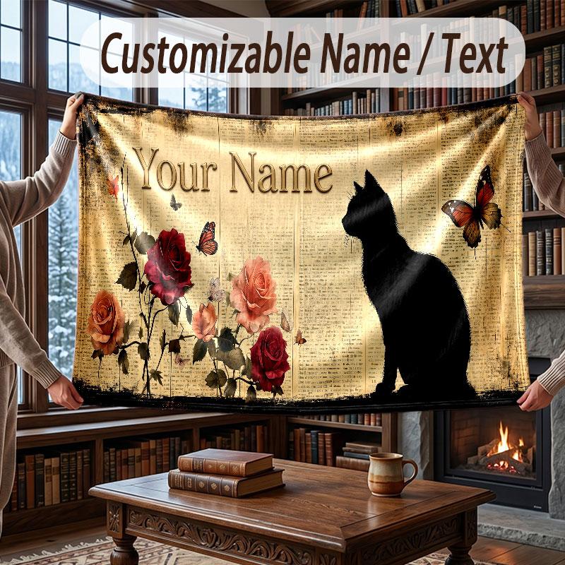Cat Theme Throw Blanket Custom Name Text Personalized Blanket Soft Cozy Blanket for Home Sofa Bed