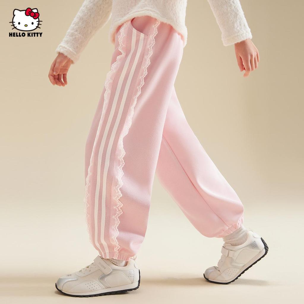 HelloKitty Girls' Autumn Color Block Lace Ribbon Patchwork Sweatpants - 2025 Sporty Casual Style