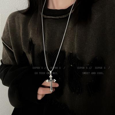 Long Titanium Steel Cross Necklace, Hip-hop Sweater Chain, Small Niche Design Hoodie Chain