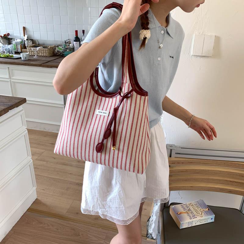 Striped canvas bag women's large-capacity new summer versatile shoulder bag college student class tote bag