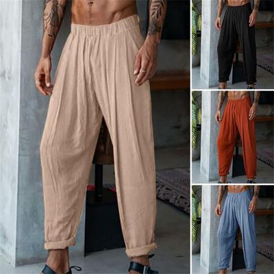 Fashion Pants Men's Cotton Linen Pants Pure Elastic Waist Colour Loose Straight Breathable Outdoor Daily Casual Pants