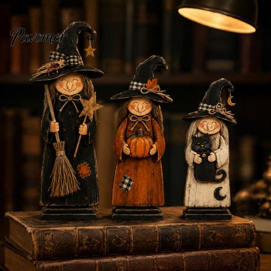 Vintage Style Witch Party Supplies Wooden Figurine, Halloween Statues with Decorations for Home Display Broom Pumpkin Black Cat, Fall Farmhouse