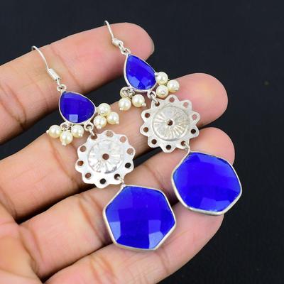 Töchtertag Sale Blaue Saphir Edelstein 925 Sterling Silber Hängende Ohrringe
