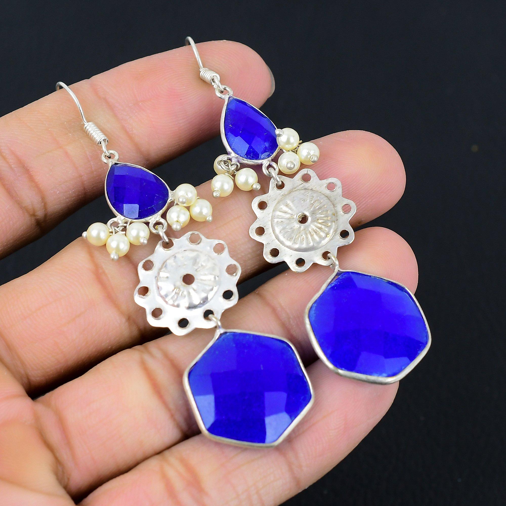 

Daughters Day Sale Blue Sapphire Gemstone 925 Sterling Silver Dangling Earrings