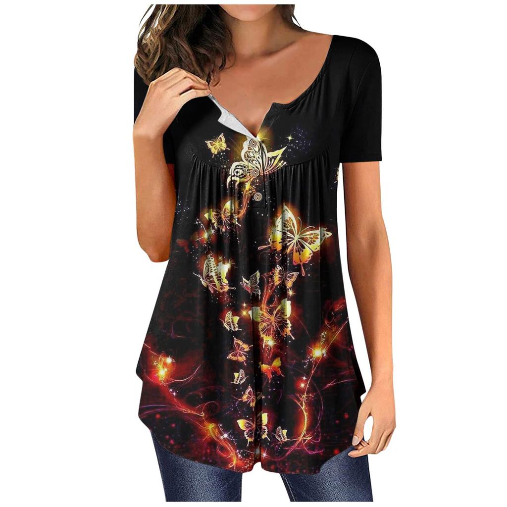 Women's Summer Short Sleeve Round Neck Top Floral Butterfly Print Top