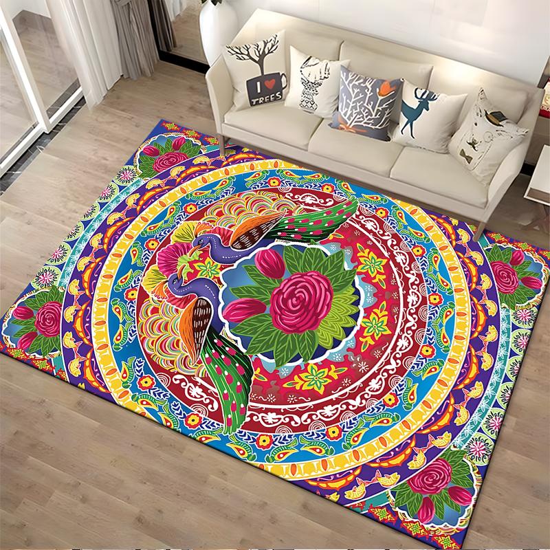Colorful Peacock Mandala Carpet with Floral Patterns and Vibrant Design Suitable for Use As an Anti-slip for Living Room Bedroom Sofas