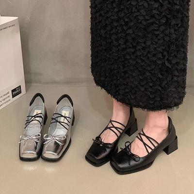 French Black Bow Mary Jane Shoes Women's Early Autumn New Retro Versatile Thick Heel Square Head Temperament Single Shoes