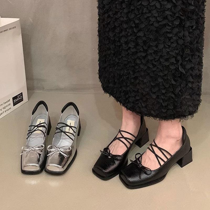 French black bow Mary Jane shoes women's early autumn new retro versatile thick heel square head temperament single shoes