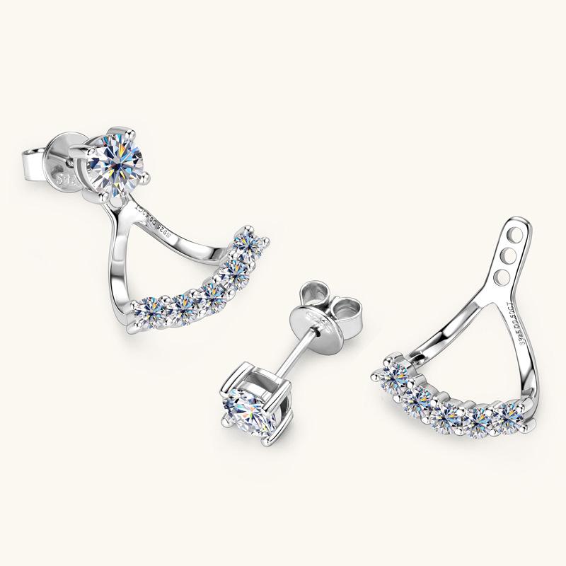 Silvere Glam S925 Sterling Silver Exquisite Back-hanging Moissanite Stud Earrings, A Two-wear Niche Korean Trendy Ear Accessory