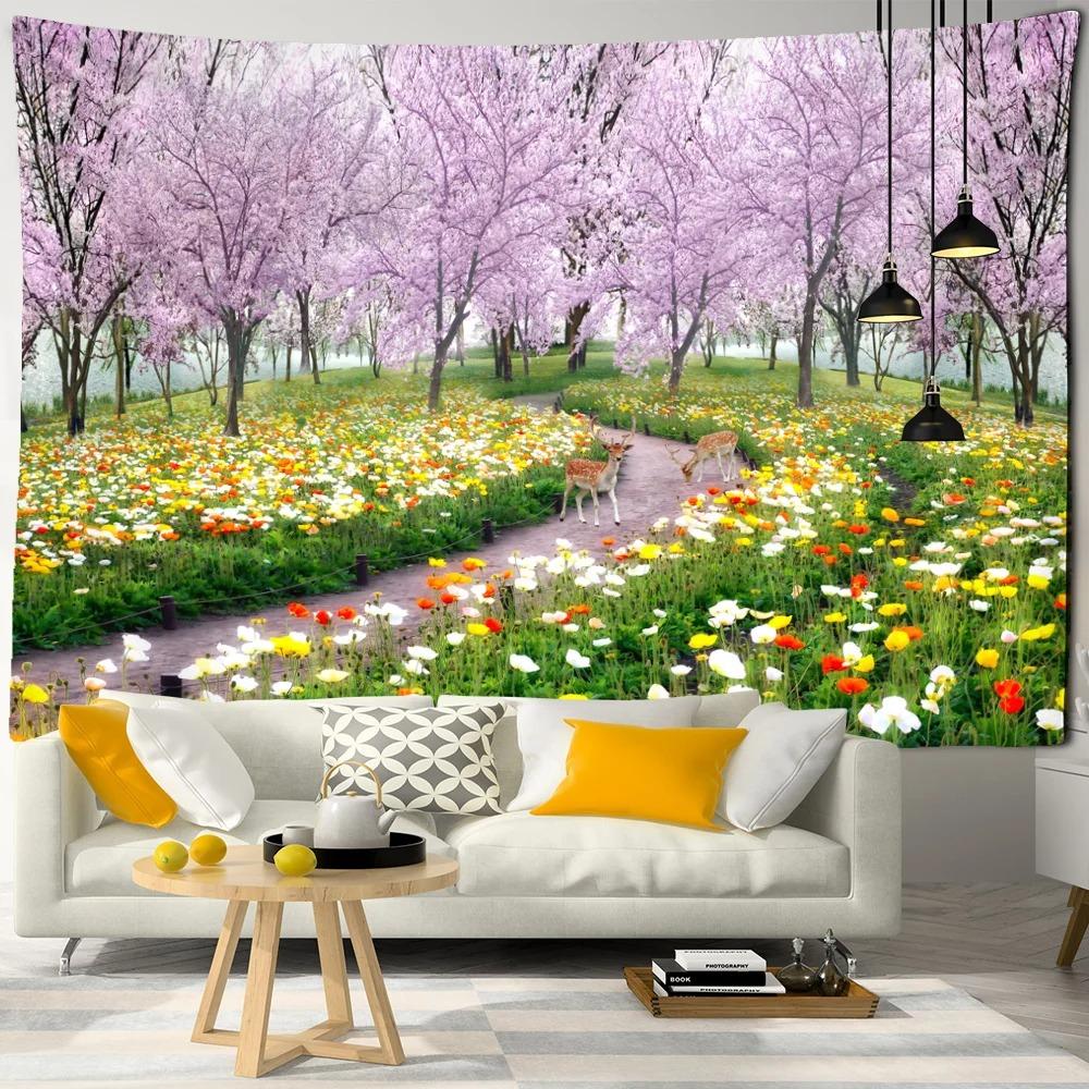 Sea Moon Cherry Blossom Forest Trail Wall Hanging Tapestry Home Decoration Living Room Bedroom Wall Background Hanging Cloth