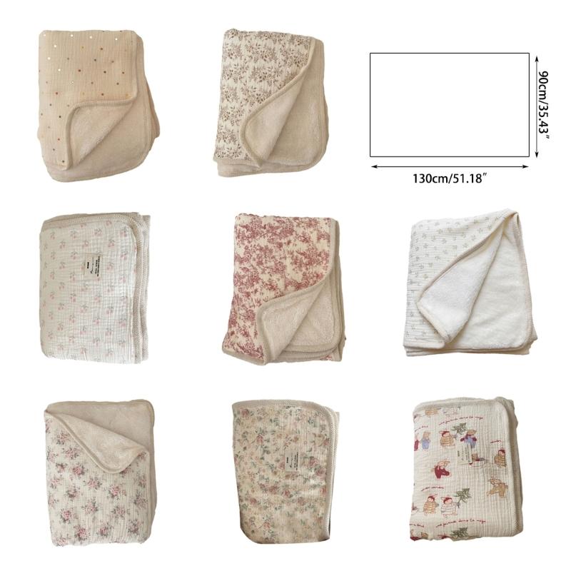 Couverture en Coton Imprimé Réversible Bord Crochet Fleur Couverture Polyvalente Double Épaisseur Chaude pour Bébés & Adultes