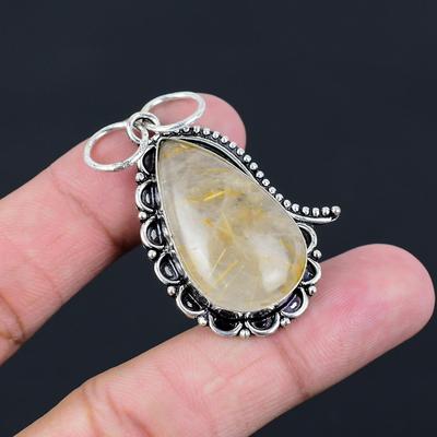 Gift For Women Pendant 925 Sterling Silver Natural Golden Rutile Gemstone