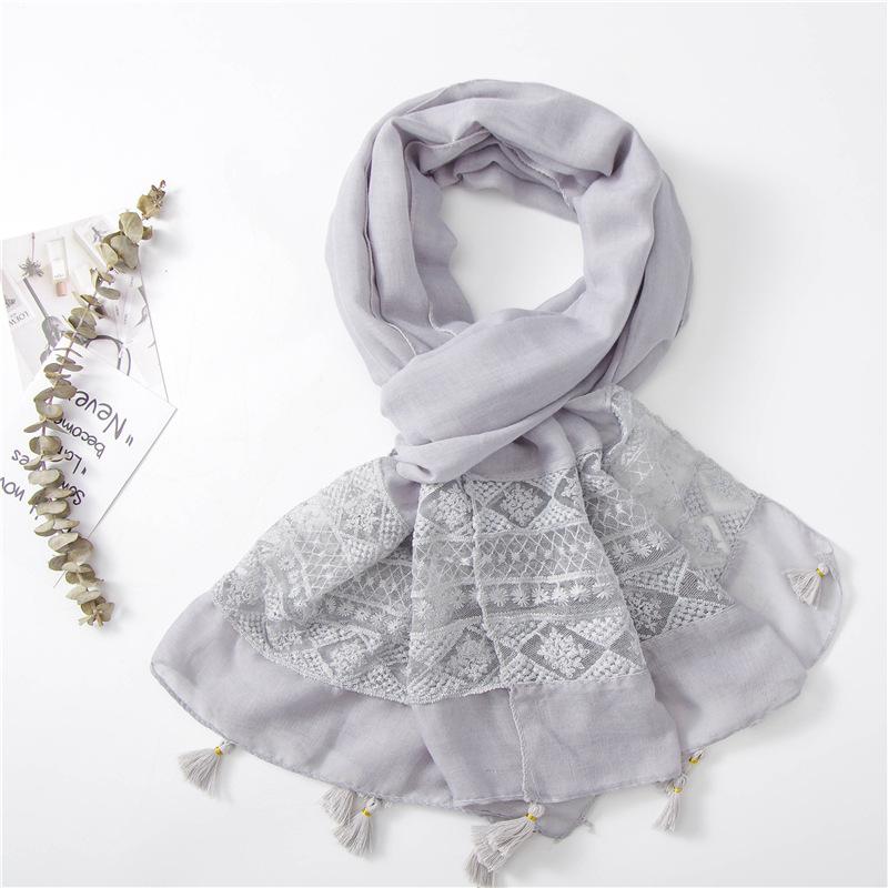 2024 Four Seasons Women'S Refreshing Literary Solid Color Elegant Scarf Lace Splicing Embroidered Silk Scarf Sunscreen Shawl Air Conditioning Scarf