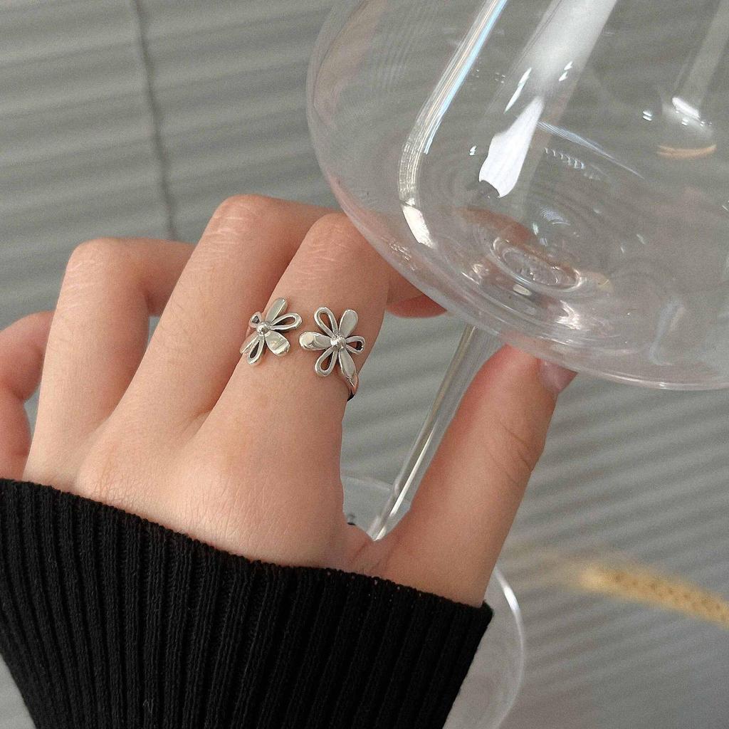 S925 Sterling Silver Open Flower Ring - Women's Versatile Korean Retro Design