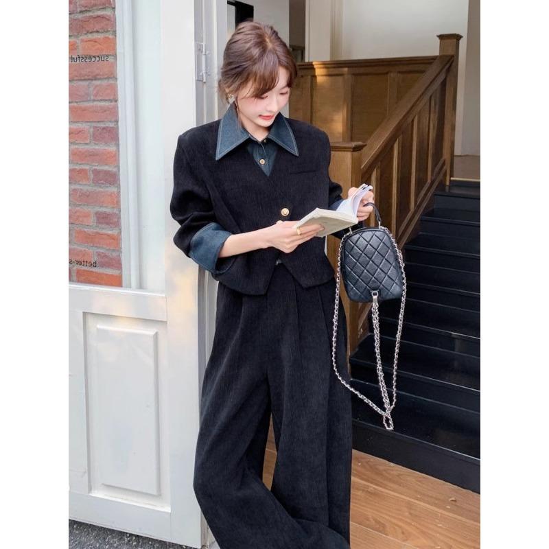 Elegant French Vintage Two Piece Set Women Autumn Spring Fashion Wide Leg Pants Outfit