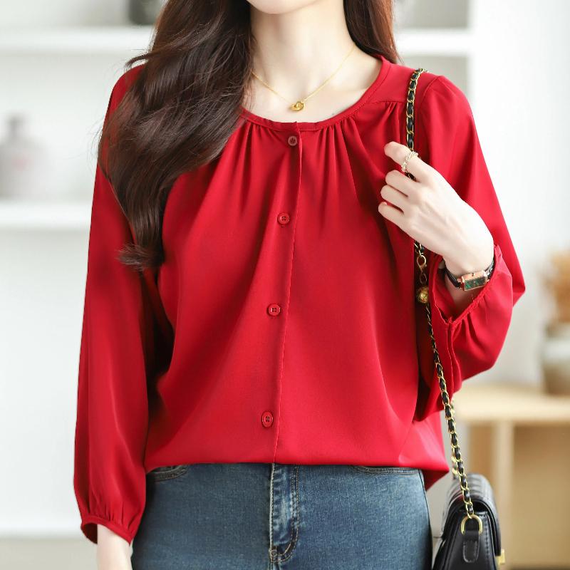 New Fashion Lantern Sleeve Loose Casual Blouse Women Single Breasted Elegant Solid Vintage Shirts Women Tops Round Neck Plus Size Ladies Blouses 26335
