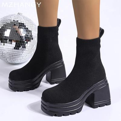 Plateau Damen Socken Stiefeletten Hohe Absätze Strick Elegant Schuhe Frau 2025 Trend Mode Gemütlich Kleid Stiefeletten Mujer Botas