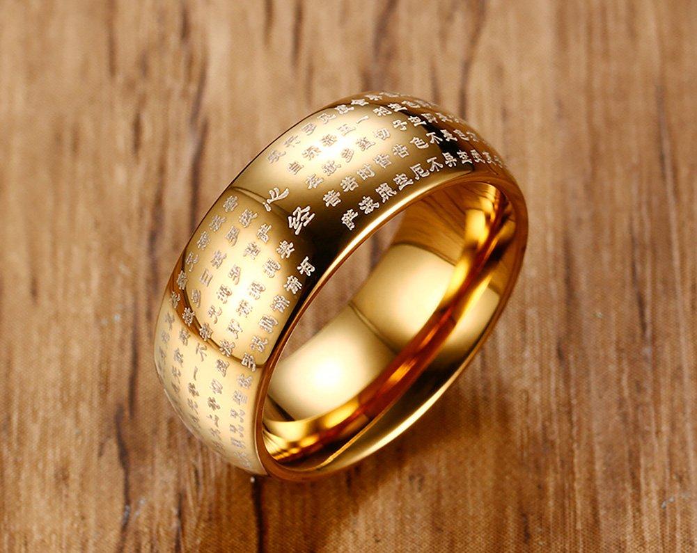 Rockyu Brand Titanium Ring for Heart Sutra 8mm Round Metallic Protection from Good Religious Style Men, Gold, Engraved, Top, Finish, Evil, Luck,