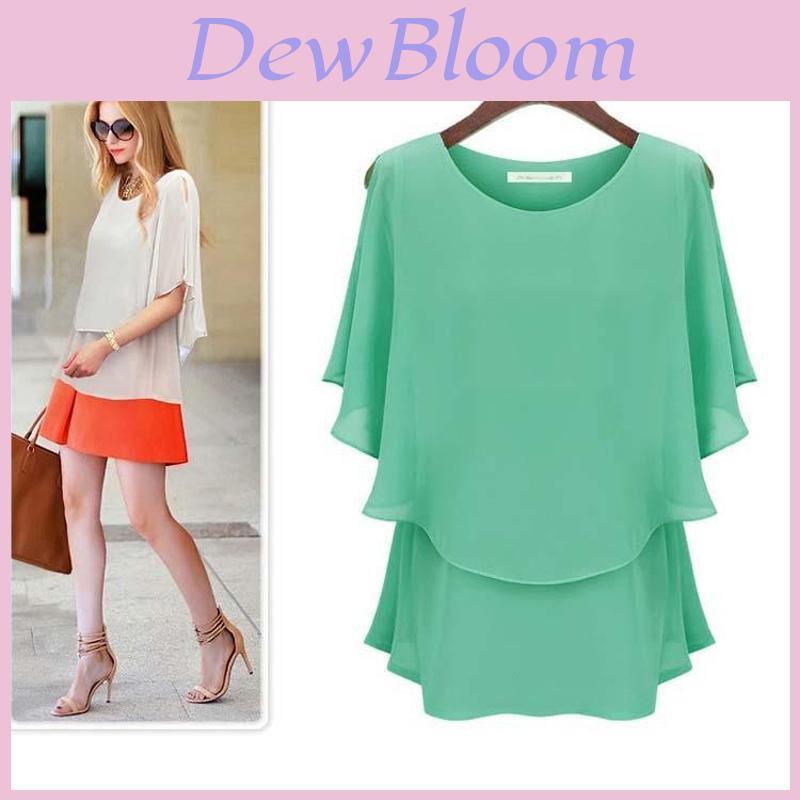 New Arrival Latest Women Chiffon Summer Plus Size Lotus Sleeve Double Shirt Sundress Elegant Casual Wear