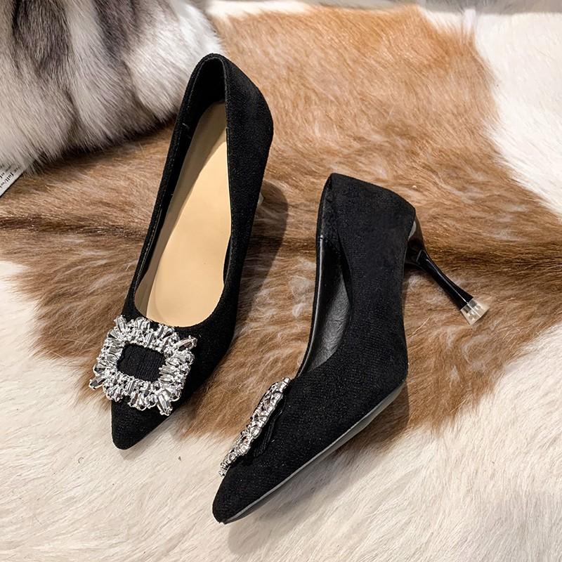 Autumn New Thin Heel Shoes Women's Fashion Pointy Shallow Mouth Suede Crystal Buckle Non-slip High Heels