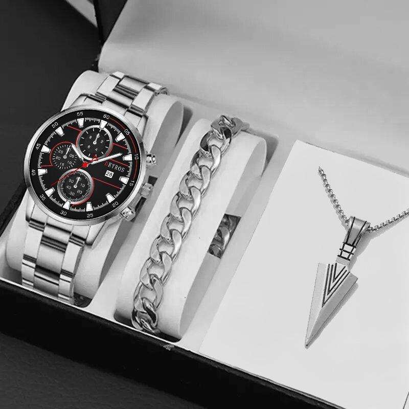 

3 шт./компл. модные мужские деловые кварцевые наручные часы с круглым циферблатом из нержавеющей стали, мужской браслет и мужское ожерелье, идеальный выбор для подарков