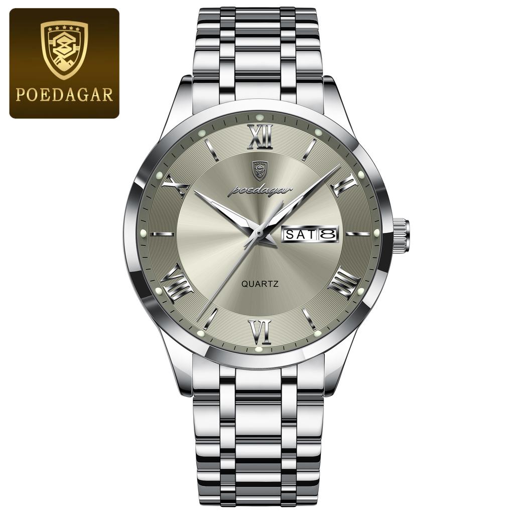 POEDAGAR Luxury Fashion Men Clock Waterproof Luminous Week Date Sports Wristwatch Stainless Steel Quartz Watches Reloj