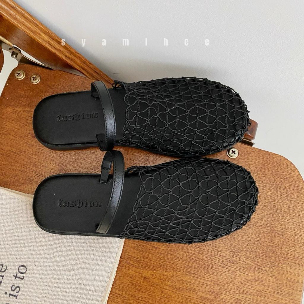 Fishing net design slippers women's 25 summer wear new hollow bag head soft bottom flat bottom word with cool slippers