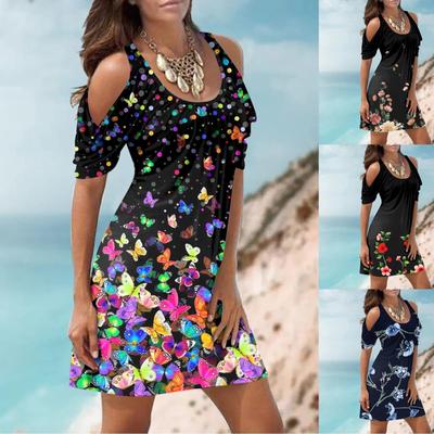 Women's Elegant And Sexy Two-Shoulder Cut-Out Flower Print Short-Sleeved Beach Dress