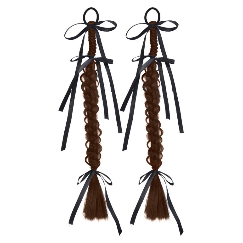 1Pair Fried Dough Ribbon Bow Double Ponytail Handmade Long Braiding Hair Extensions  Women/Girls