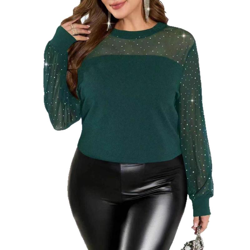 2026 New Women's Spring and Autumn Fashion Elegant Rhinestone Mesh Patchwork Long Sleeve Top