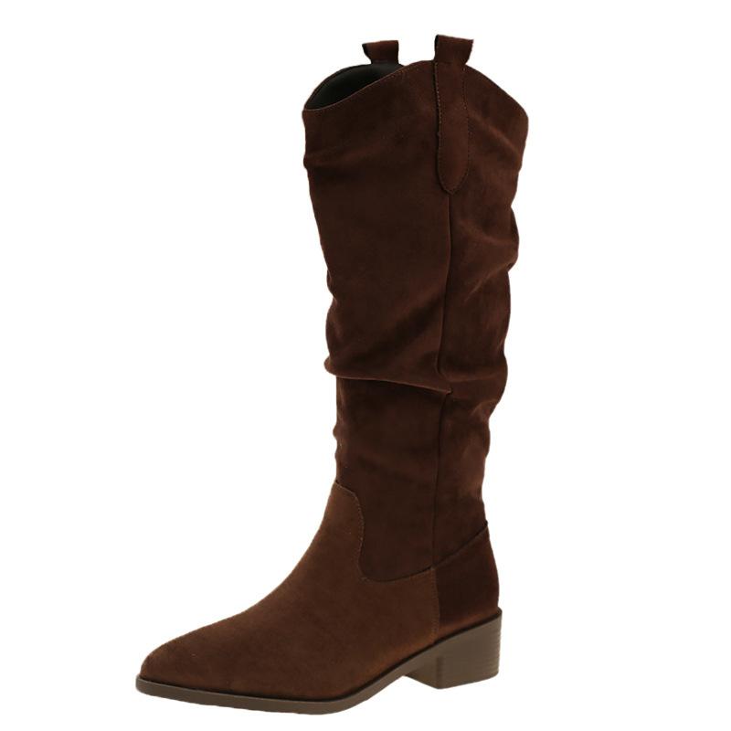 Vintage Wildleder Maillard Stiefel Damen Herbst und Winter Dicker Absatz Spitze Plissiert Flor Stiefel Western Cowboy Stiefel Kurz