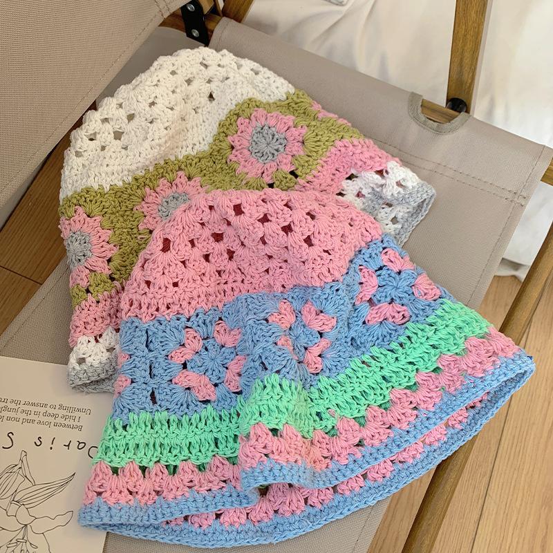 Japanese-style knitted hollow floral bucket hat for women, sweet and versatile for spring and summer, handmade large head circumference fisherman hat
