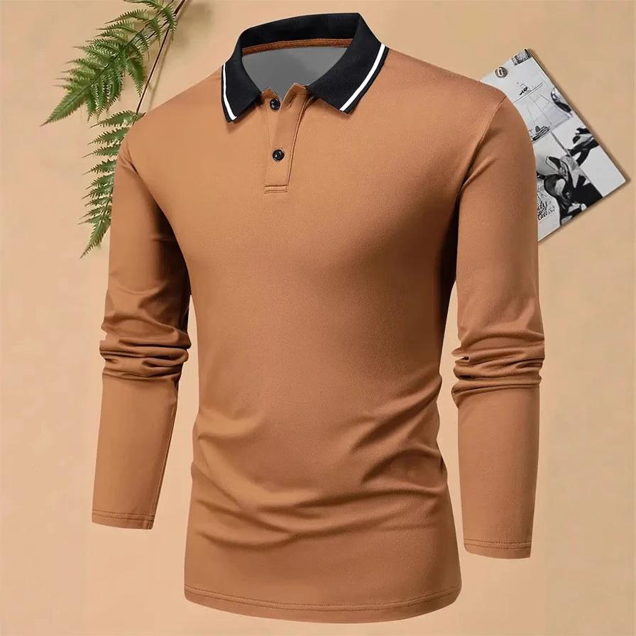 Ny 100% Polyester Herre Business Casual Langermet Poloskjorte Herre Ensfarget Enkel Stil Topper Poloskjorte Herre Klær Golfpolo